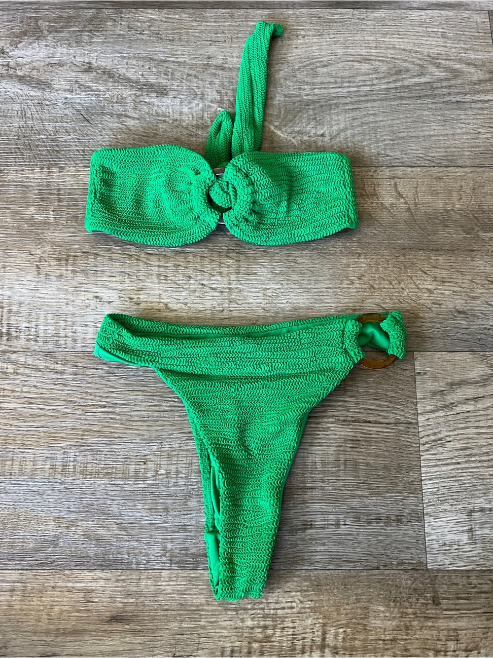 Monday Swimwear Strapless Ring Top and Bottom in Palm Green Crinkle